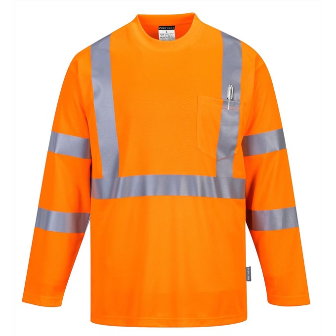 Portwest Men's Hi-Vis Long Sleeved Pocket T-Shirt -Orange