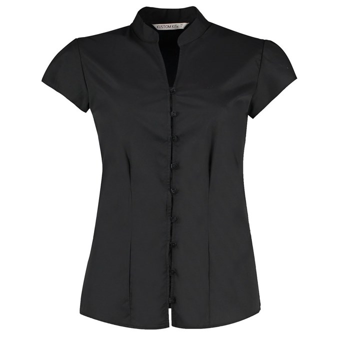 Women's continental blouse mandarin collar cap sleeve Black